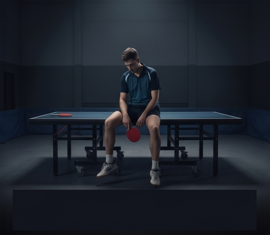 Table tennis player sitting down